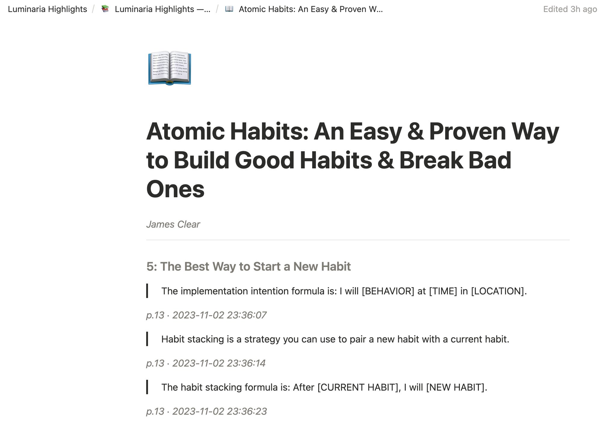 Notion page showing Atomic Habits highlights with chapter headings