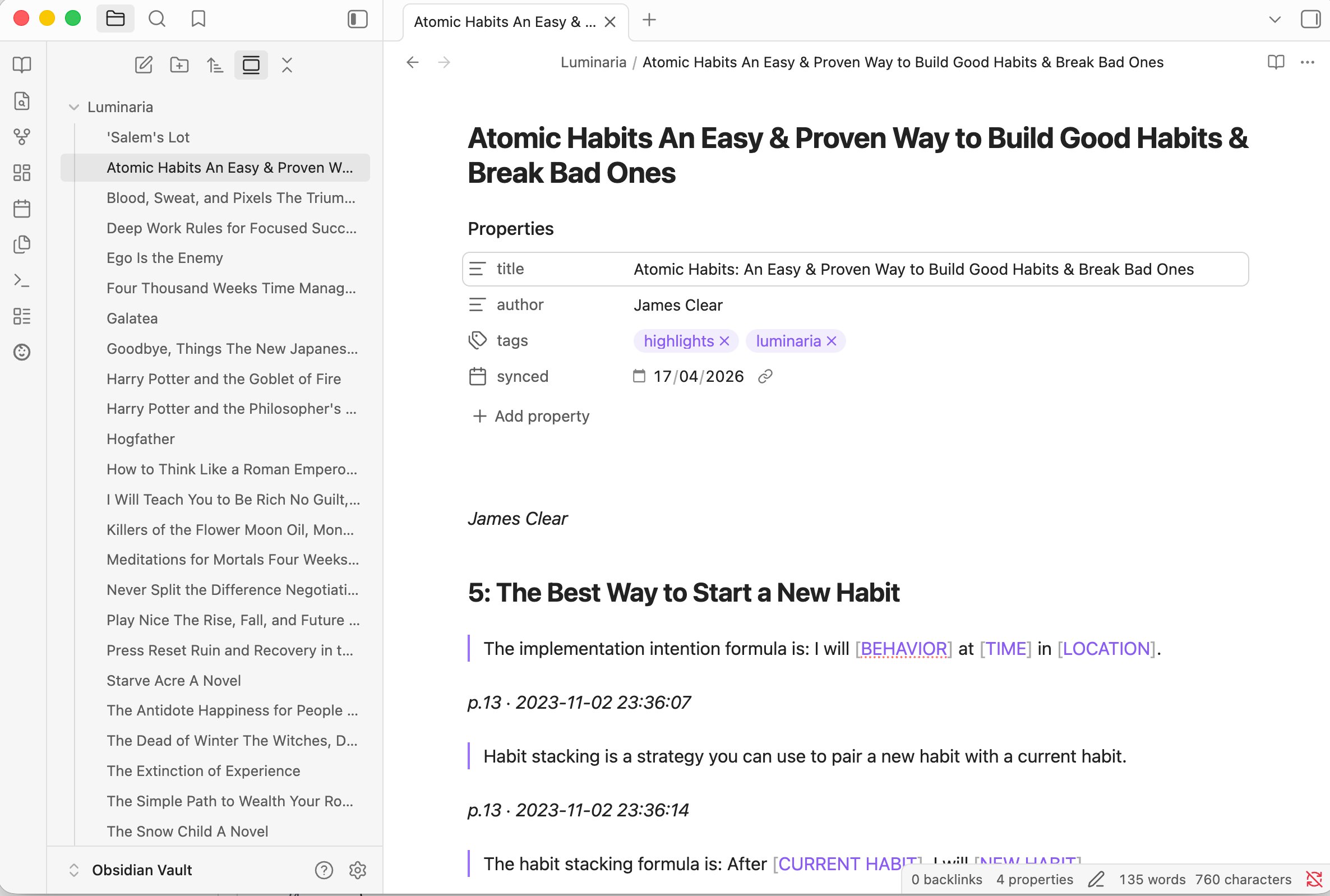 Obsidian vault showing Luminaria highlights synced — Atomic Habits with chapter headings and YAML frontmatter